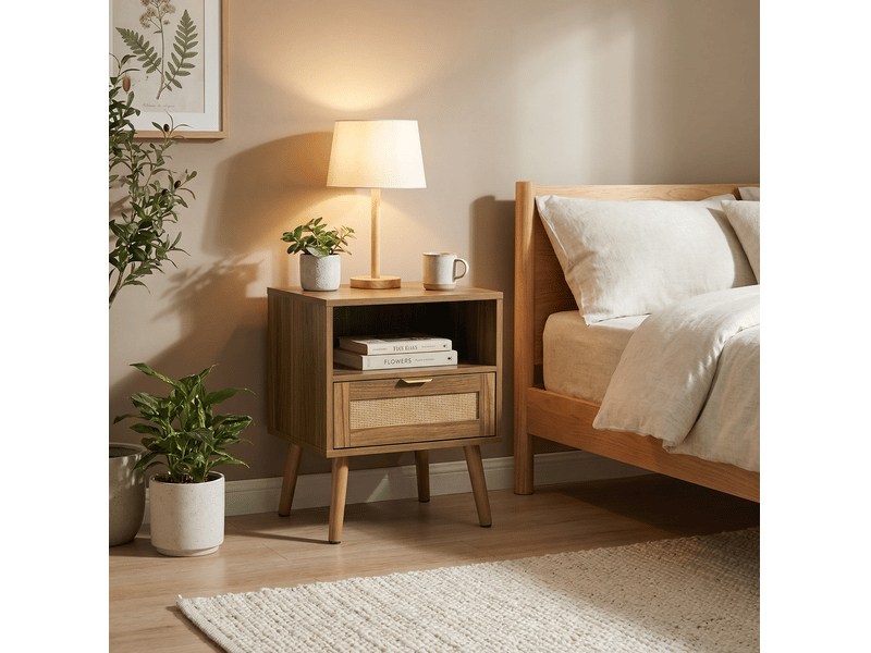  Table de chevet 45x40x55 cm finition noyer avec 1 tiroir et niche en rotin  - Conforama E