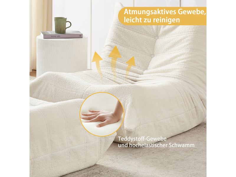  Fauteuil relax lazy canapé beige en tissu peluche teddy avec repose-pieds, ultra confortable, sans montage pour salonchambre  - Conforama C