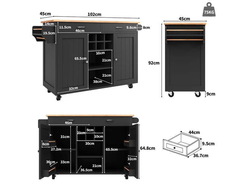 Desserte cuisine, îlot central sur roulettes avec plan de travail, range-bouteilles, dimensions 102 x 45 x 92 cm, mdf, noir - Conforama C