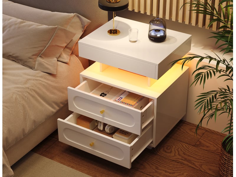  Table de chevet avec led, 50 x 40 x 60 cm, 2 tiroirs, 1 niche ouverte, blanc  - Conforama D