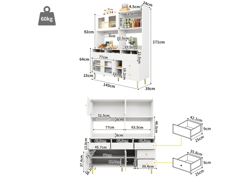 Armoire salle à manger moderne minimaliste 145x39x171 cm – portes en verre chambray, blanc élégant et accents dorés - Conforama C
