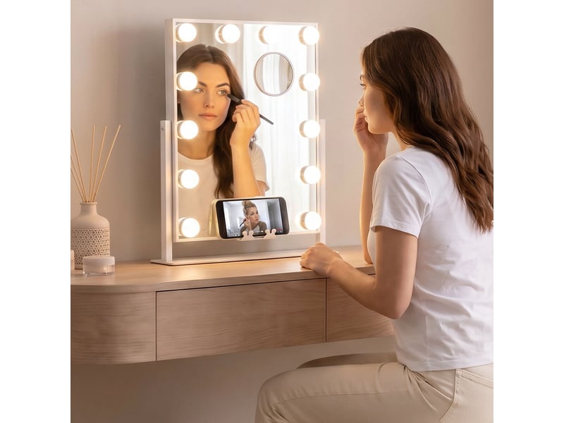  Miroir de coiffeuse hollywood, 12 ampoules led, 3 tons de lumière, intensité réglable, inclinaison 360º innovagoods  - Conforama C