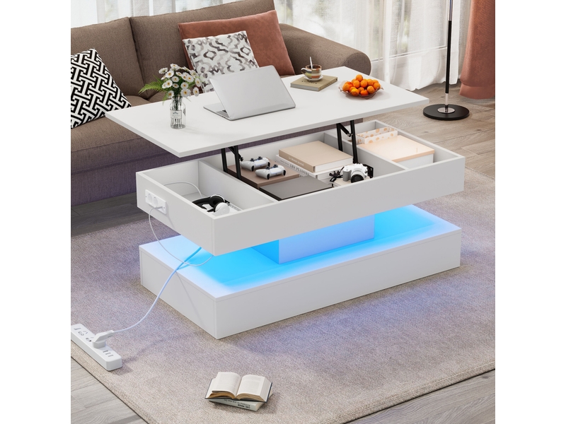  Table basse relevable avec plateau réglable, led et rangement caché avec prises, en panneau de particules, blanc - uvrion  - Conforama B