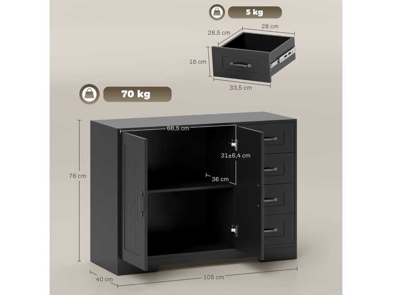 Buffet 105x40x76 cm noir en bois, 4 tiroirs, 1 placard avec étagère réglable pour salon ou salle à manger - Conforama C