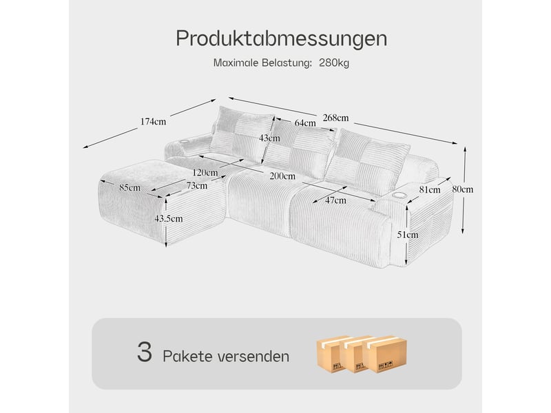 Canapé modulable, canapé de salon — en velours tricoté, porte-gobelets, noir - Conforama C