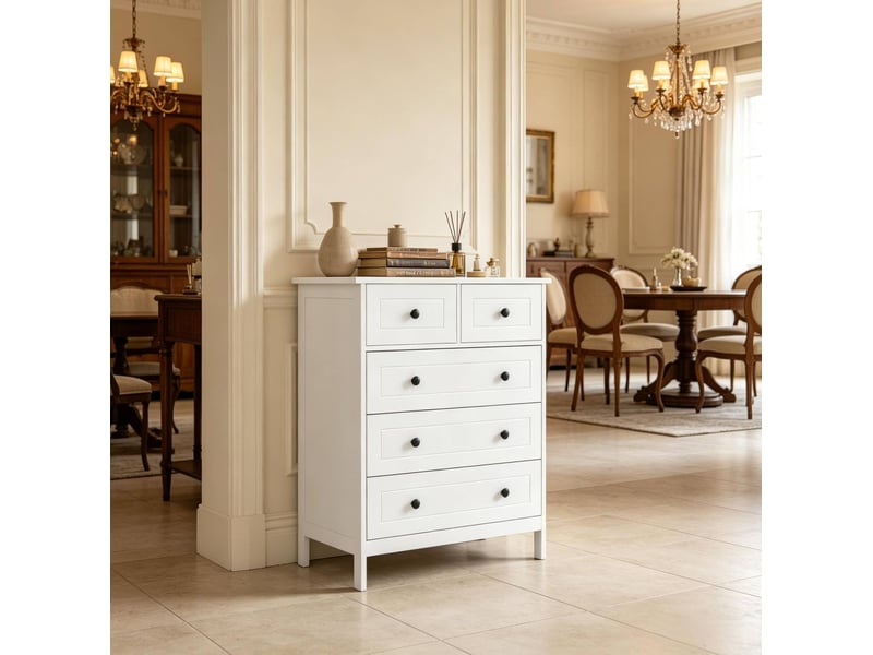  Commode blanche à 5 tiroirs 74 x 40 x 91 cm avec plateau de rangement, mdf et panneaux de particules  - Conforama B