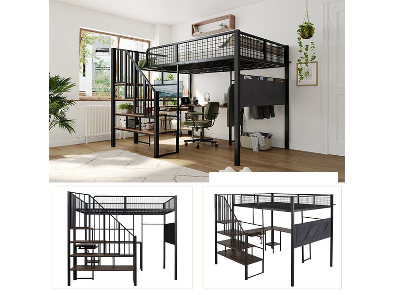  Lit mezzanine en métal noir 140 x 200 cm avec bureau d'angle en l, escalier, tablette pour clavier, port de chargement et poche latérale en tissu.  - Conforama E