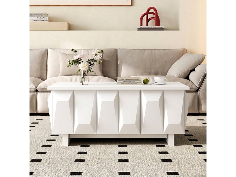 Table basse avec rangement moderne blanche 95x67 cm façades 3d - Conforama E