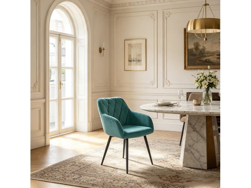 Chaise de salle à manger avec accoudoirs en velours bleu canard et pieds en métal - Conforama D