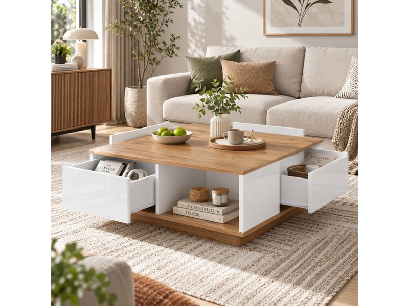 Table basse carrée blanc et bois avec 3 tiroirs, finition brillante et rangement semi-ouvert, 70x70x31,5 cm  - Conforama D