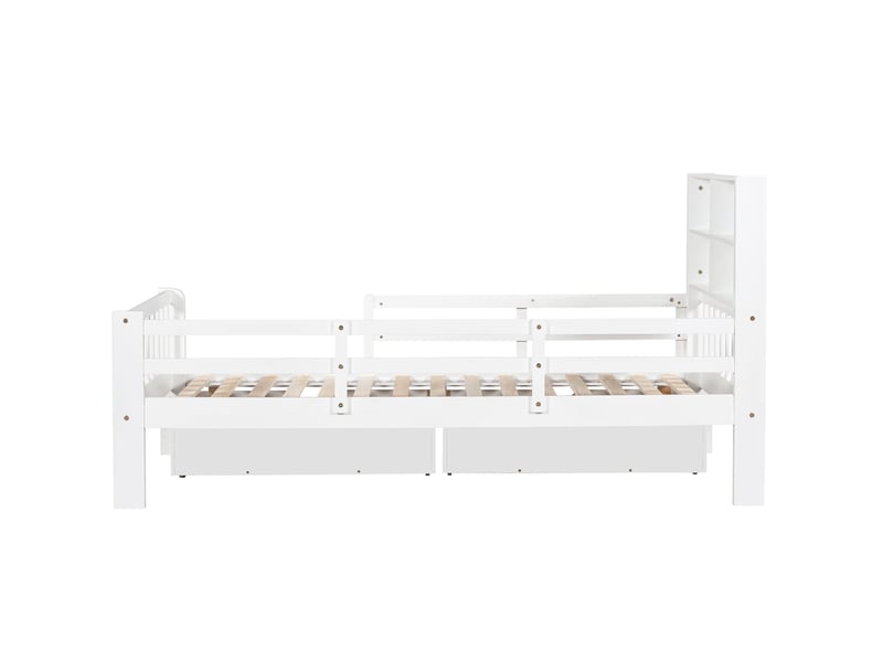  Lit enfant 200×90 cm avec 2 tiroirs, tablette, tableau et barrière de lit, sans matelas, en pin et mdf blanc  - Conforama E