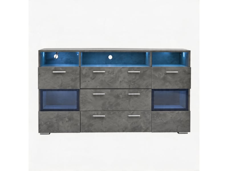  Buffet moderne 140 cm gris éclairage led portes acrylique transparent 2 portes 3 tiroirs rangement ouvert meuble bas armoire rangement angle  - Conforama A