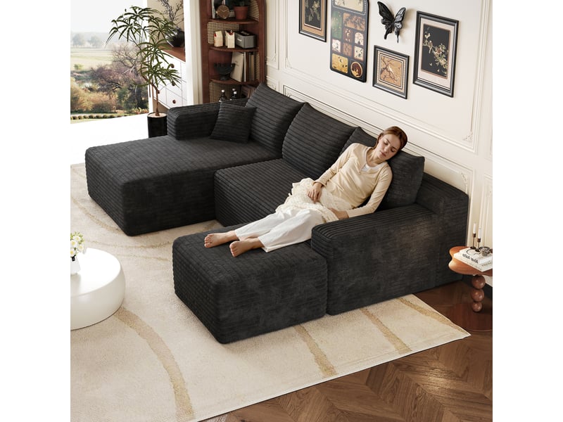 Canapé d’angle noir 4 places, canapé en l de 241 cm en tissu côtelé, assise profonde et confort moelleux pour le salon - Conforama R