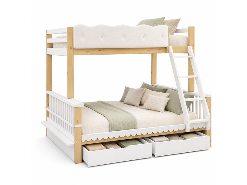  Lit superposé enfant 90x200140x200 cm – blanc et chêne – 2 tiroirs, porte-revues et échelle inclinée  - Conforama A