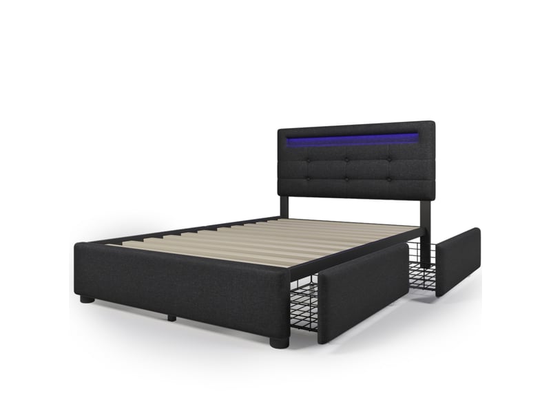  Cadre de lit, lit enfant 90x200 cm, 2 tiroirs, led, tête de lit réglable, sommier à lattes, bois noir, matelas inclus  - Conforama R