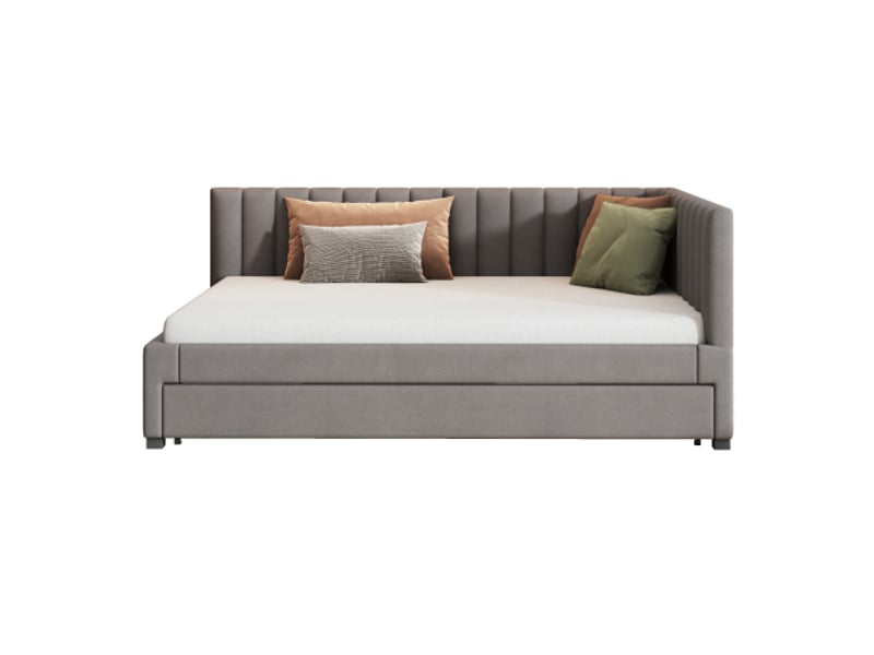  Lit gigogne 140x200 cm, avec tête de lit et lattes, en tissu, gris, sans matelas  - Conforama A