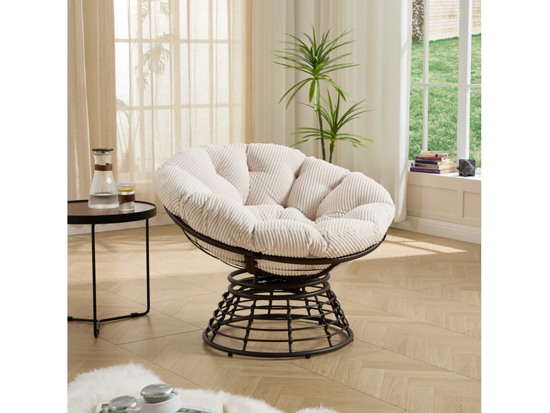  Fauteuil papasan pivotant 360° en résine tressée marron avec coussin blanc en velours côtelé, pour se détendre  - Conforama B