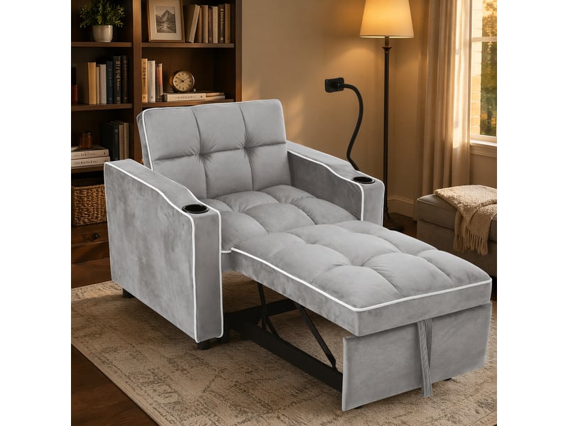  Fauteuil convertible 3-en-1 gris avec porte-gobelets et support téléphone, 83 x 167 x 76 cm  - Conforama C