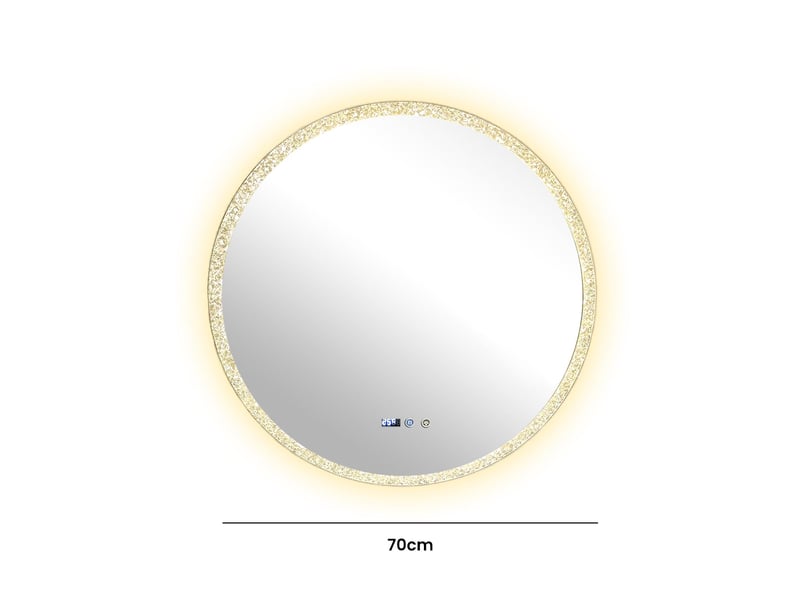  Miroir rond led 70 cm cadre cristal scintillant, 3 couleurs, luminosité réglable, tactile, mémoire, horloge, verre sécurit, salle de bain  - Conforama C