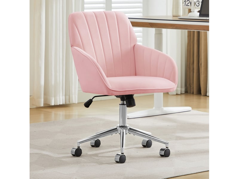  Fauteuil de bureau réglable rose en velours, rotation 360° et assise épaisse pour travailler confortablement  - Conforama D