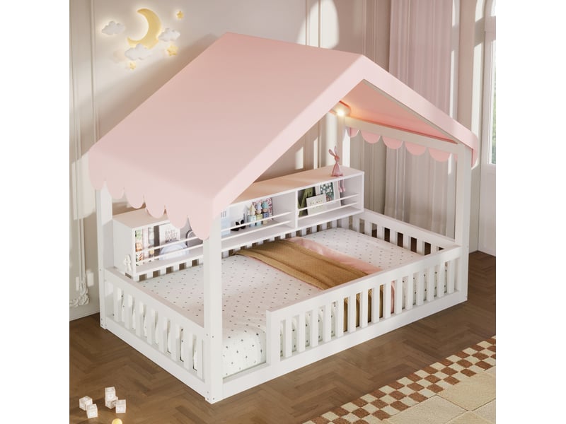  Lit cabane enfant 90x200 cm avec étagère led blanc  - Conforama D