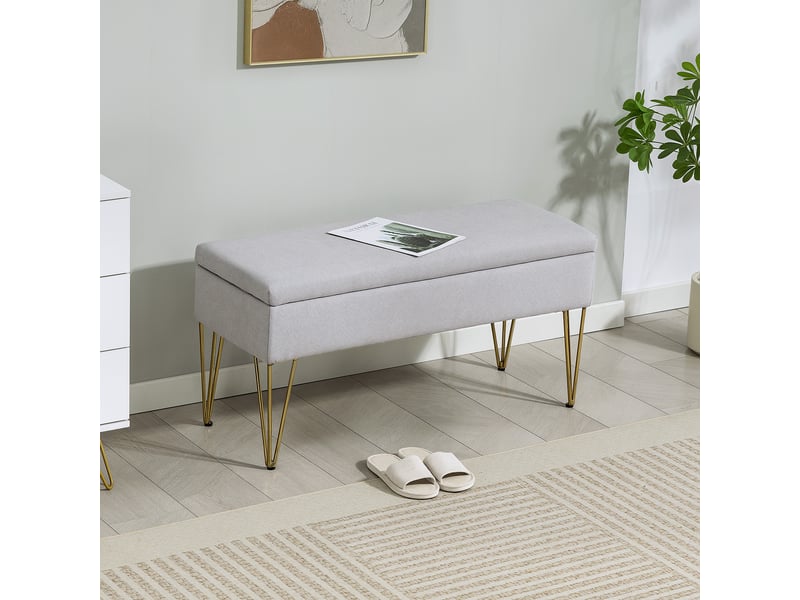  Banc de chevet avec rangement en tissu et pieds en acier, 100 x 40 x 49 cm, gris clair  - Conforama D