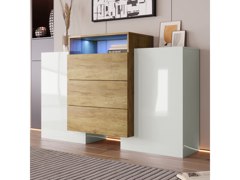 Meuble de cuisine muvano, buffet moderne 140 cm, blanc brillant et effet bois, 2 portes et 3 tiroirs - Conforama C