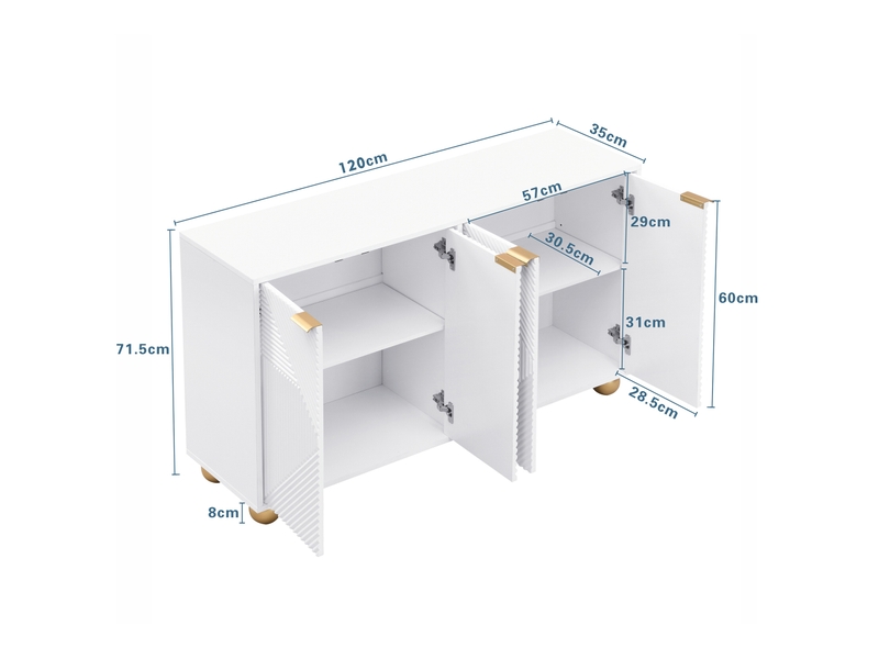  Buffet bas 120x35x71,5 cm blanc mdf, 4 portes gravées, étagères réglables, poignées métal pour rangement  - Conforama C