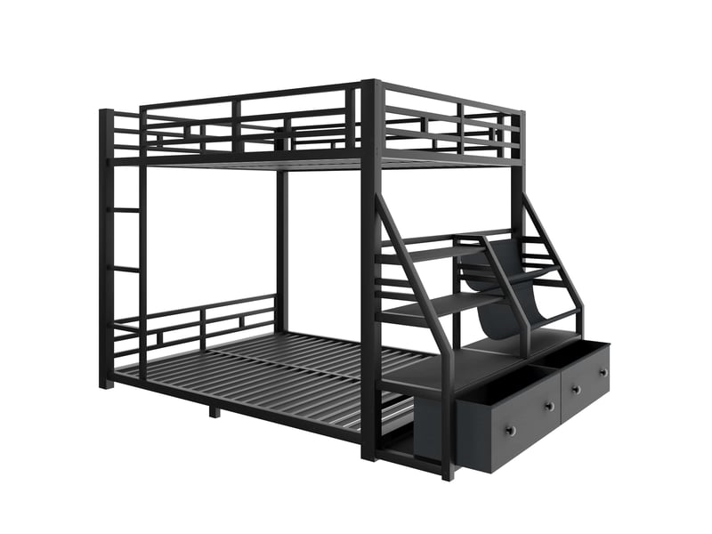  Lit superposé en métal, 140x200cm, avec éclairage led et 2 tiroirs en tissu, lit enfant avec barrières de sécurité, noir  - Conforama A