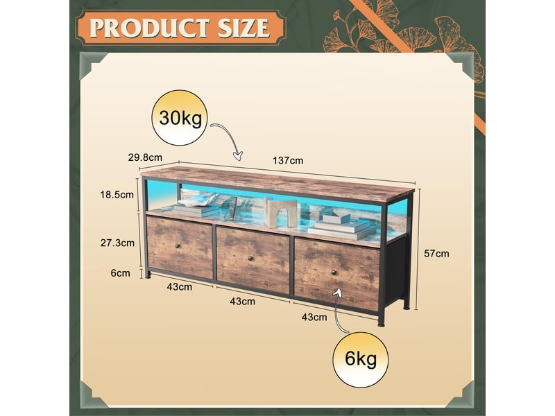  Meuble tv led 137cm meuble télé avec 3 tiroir en tissu et étagères ouvertes, cadre en acier, banc tv salon, chambre, marron rustique  - Conforama C