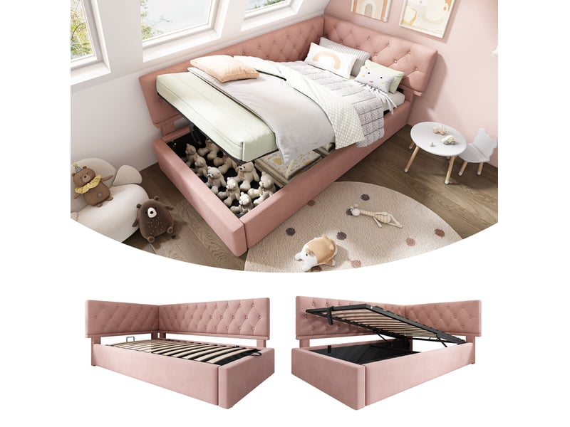  Lit coffre 90x190 cm avec dossier réversible, métal, rose, sans matelas  - Conforama D