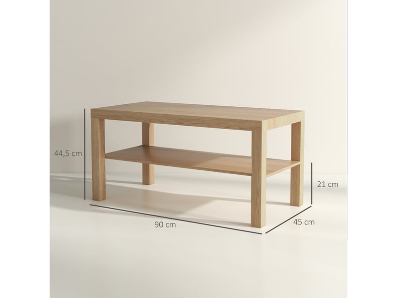  Table basse de salon, table d'appoint rectangulaire à 2 niveaux avec étagère de rangement, 90x45x44,5cm, bois naturel  - Conforama E