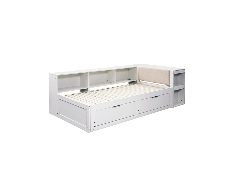  Lit multifonction 3 en 1 en l avec bureau, rangements et tête de lit rembourrée  - Conforama A