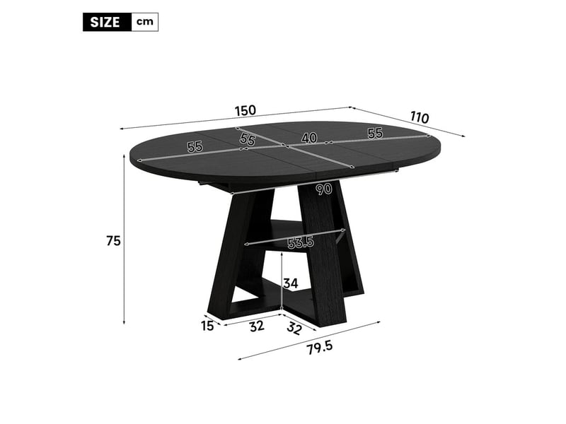  Ensemble table et chaises 4-6p, table ronde extensible 110150cm effet bois noir + rangement, 6 chaises velours beige  - Conforama C
