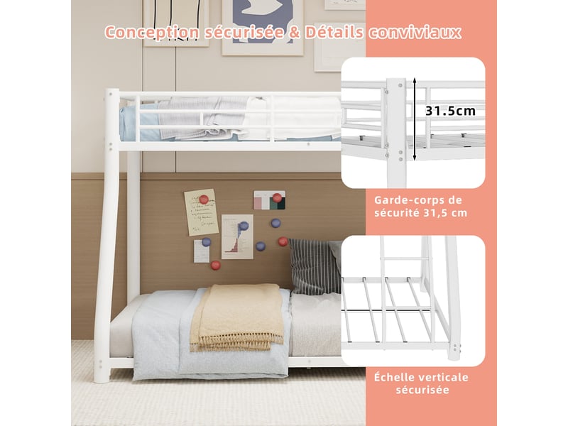 Lit superposé en métal pour adultes avec échelle et garde-corps intégral, couchage inférieur 140 x 190 cm - Conforama E