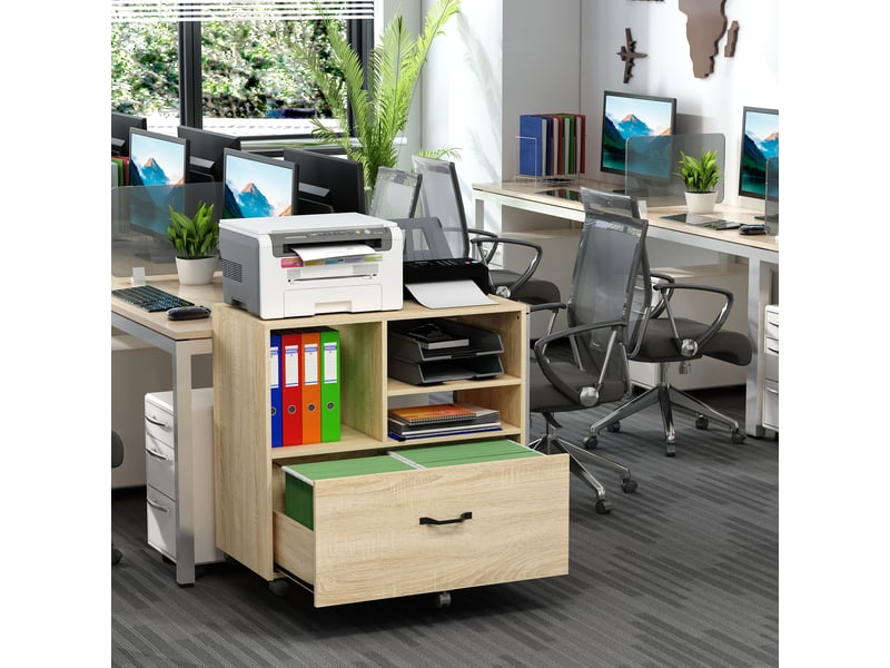  Meuble de bureau multifonctionnel en bois, meuble pour imprimante avec 5 roulettes, tiroir et étagère réglable, 77 x 40 x 73 cm, bois  - Conforama B