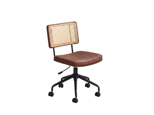 Chaise de bureau vintage en rotin et bois, fauteuil de bureau réglable avec siège en cuir pu marron, pivotant à roulettes