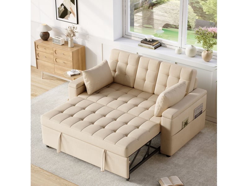 Canapé convertible ulevr 2 places avec rangement dans les accoudoirs, dossier réglable 108°138°180°, tissu aspect lin beige, 159 x 142,5 x 92 cm - Conforama D