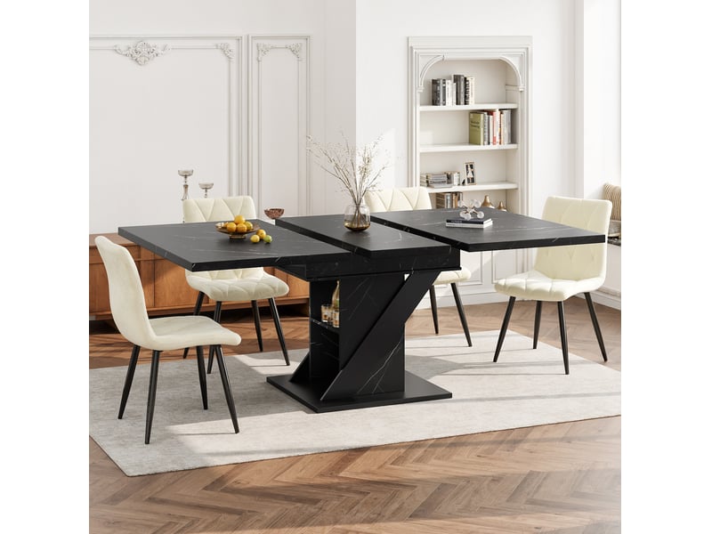 Table de repas extensible 110-140x80x75cm, format gain de place, plateau aspect marbré en panneau mdf, piètement métallique noir - Conforama E