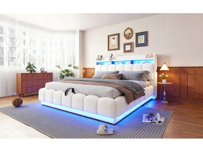  Lit coffre 180 × 200 cm, tissu bouclette, led, port usb, sommier métallique, grand rangement hydraulique, blanc  - Conforama D