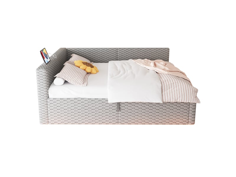  Lit rembourré 140 x 200 cm, coloris gris, éclairage led, prises usb et type-c, sans matelas.  - Conforama A