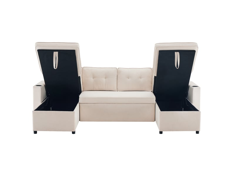  Canapé panoramique en u convertible avec rangements, porte-gobelets et poche latérale en tissu aspect lin beige, 270 × 130 × 86 cm  - Conforama A