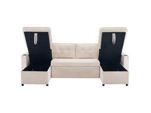 Canapé droit convertible OKMYHOME  4 places Coton / Lin beige avec coffre de rangement