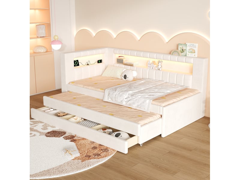  Lit banquette 90x200 cm blanc avec lit gigogne, 3 tiroirs, led 7 couleurs et ports usb, sans matelas  - Conforama B