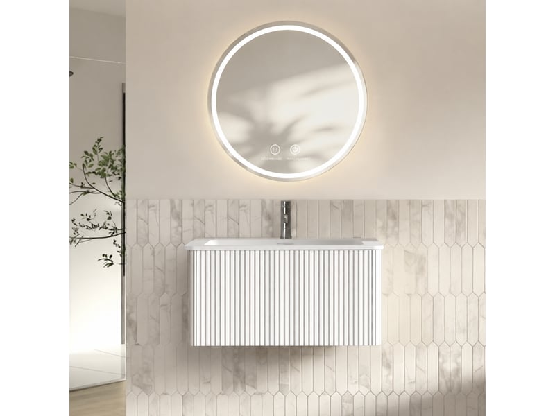  Meuble vasque suspendu 80 cm blanc avec tiroir, vasque intégrée et miroir rond led antibuée  - Conforama E