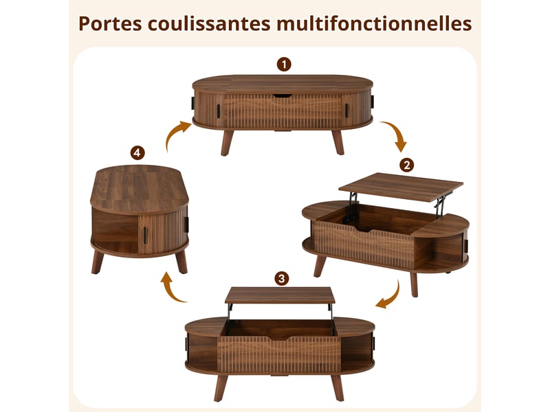  Table basse ovale relevable avec rangement caché, 2 portes coulissantes rainurées  - Conforama E