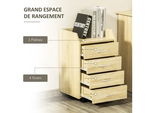 Caisson de bureau rangement sur roulettes 4 tiroirs coulissants mdf et panneaux de particules bois naturel dim. 40l x 36l x 65h cm