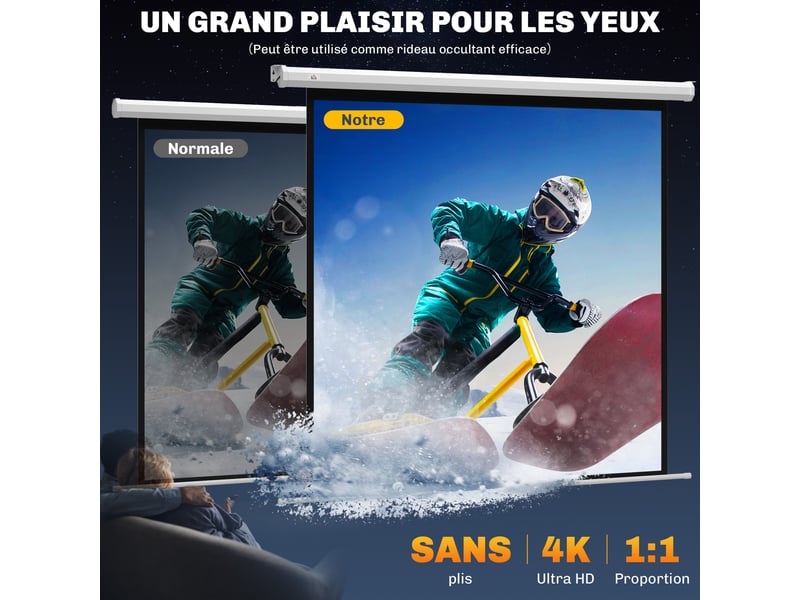  Écran de projection motorisé 85 pouces, 4k hd électrique, panneau de commande et télécommande, montage mural ou plafond  - Conforama A