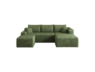 Canapé d’angle vert 4 places en velours côtelé, canapé en l de 241 cm avec méridienne et assise profonde pour le salon