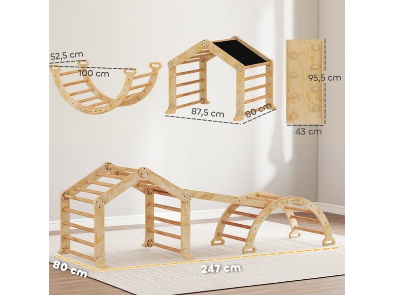  Structure d'escalade intérieure 9 en 1, 100 x 52,5 x 48 cm, bois naturel, avec toboggan et tableau  - Conforama B